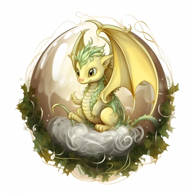clipart white background: A precious baby dragon with pale green scales, shimmering gold accents, and a curious gaze, surrounded by ancient trees and magical floating orbs