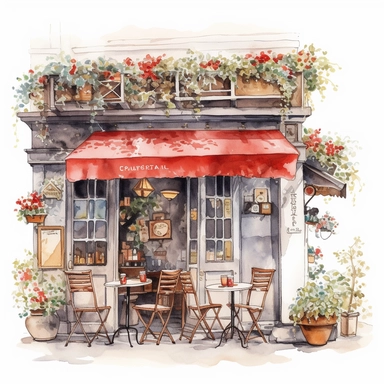 watercolor, hyper realistic, white background, white margins, 16k, ultra detailed clipart, cut out image, hand-drawn illustration style for picture books a charming bistro with warm red accents, with outdoor seating and hanging flowers