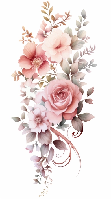 An enchanting clipart of Roses and Floral elements, rendered in a mesmerizing watercolor style, delicately portrayed on a white painting canvas in a 9:16 aspect ratio. The clipart showcases a delightful arrangement of blooming roses, complemented by an assortment of intricate floral elements, including dainty daisies, cascading vines, and delicate wildflowers. Each flower and leaf is carefully painted with vibrant watercolor pigments, capturing their delicate textures and vibrant hues. The water