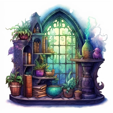 Magical style wizard's magic attic corner with watercolor effect, suitable for digital clipart, full of old magic tools, cabinet full of magical plants, magic glass globe, a gothic style window with night landscape, white background, magical scene, fairy dark colours, green, blue, purple, gothic details