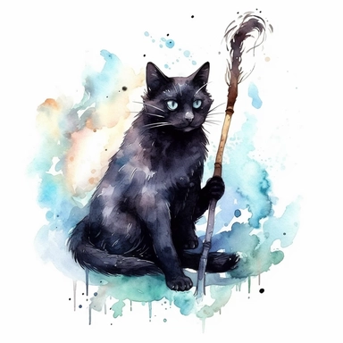Clipart, watercolor, white background: A fantasy black cat with a magical staff held delicately in its paw, signifying its role as a wise and powerful companion.