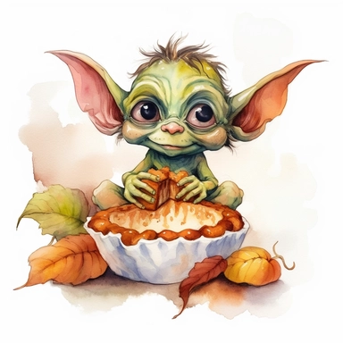 cute pop goblin eating a peace a of pumpkin pie, he's sitting down. watercolor, clipart