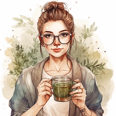 front illumination of a girl with glasses and a hair bun drinking a cup of herbal tea, yummy ,plants, aesthetic, healing, Beautiful Herbology clipart, hyper - realistic, isolated on white background, watercolors and pencil style, isolated on white, ultra-detailed, high quality, clipart, ghibli style, award winning