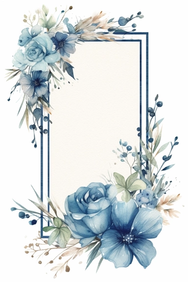 watercolor clipart of a empty suttle dainty floral rectangle frame surrounded by dusty blue color flowers. Capture the essence of blooming beauty and intricate details in your artwork, white background