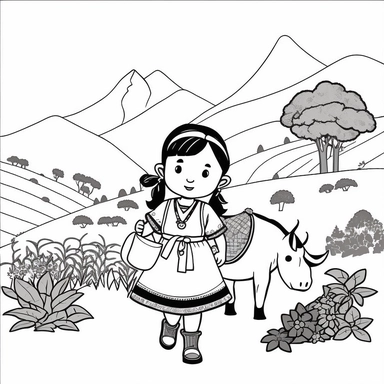 Landscape, simple, traditional costume, local food, animal, educational, history, and cultural diversity, clipart style, cute, picture book style, captivating, kid friendly cute character, black and white, coloring book, not color style, cartoon style, vector image, simple, line art style, character, white background