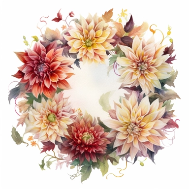 Watercolor Painting of beautiful multi - headed Dahlia Wreath FLOWERS on white background DETAILED ILUSTRATION, Flora Design Patterns, Flemish Baroque by Rachel Ruysch, Behance, Rococo, Intricate Detailed, Soft Light Effect, Oil Paint Strokes, Light Academia Aesthetic Flowers, Lighting cinematic, all shown shimmering stamens, tyndall light, texture, colorful, 8k, fantasy, ray tracing, vivid, spectacular lighting, octane rendering, highly detailed, ultra - realistic, white background, clipart