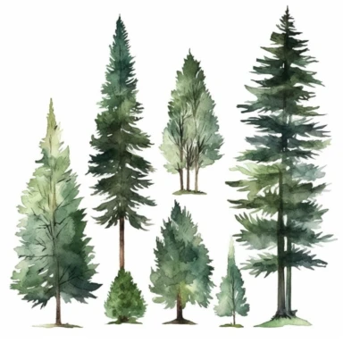 A collection of evergreen tree silhouettes on white forgound, white backgound with margins, watercolor clipart