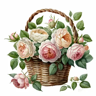 realistic hand painted watercolor of a basket of David Austin English roses, clean white background, clipart