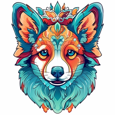 vector of a cute happy corgi in hyper real beautiful japanese tattoo, paint art style, clipart, detail design, colorful, contour, white background, magnificent,
