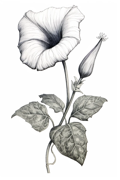 line drawing clipart of a single morning glory in black and white, coloured in