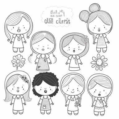 clipart nine cute girls, white background, pen, outline, loose, line art, black and white, monochrome, cartoon, simple, naive folk art, whimsical, Lilla Rogers agency illustrator, storybook style