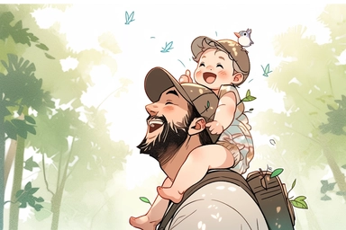 fathers day, water colour clipart, The baby sitting on father neck, cute happy, smile, cartoonic, forest,16K UHD,