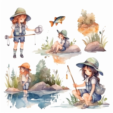 Watercolor boho fishing near a beautiful stream, illustrations clipart set, simple, soft colors, cartoon elements, different variants, cute little boy and girl fishing, separate elements with a margin