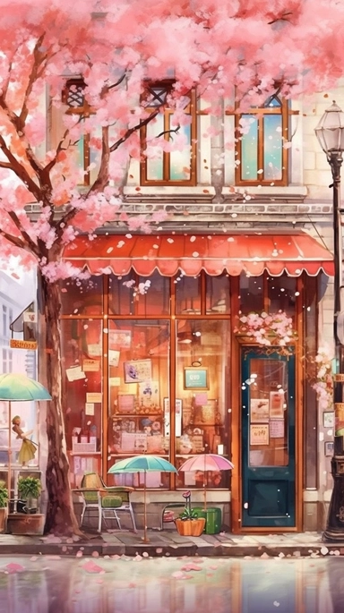 Very very cute and Whimsical quirky Jazzy coffee shop, building corner, cherry tree blossom, Raining colorful, Watercolored illustration in the style of Michael Powell, clipart, city vibe background - 8K