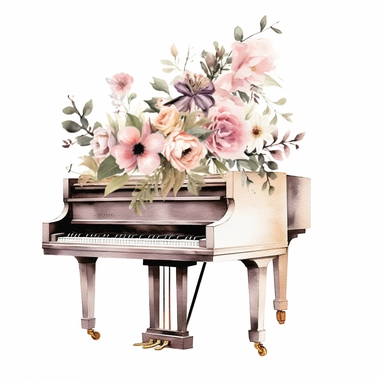 baby grand piano spring floral clipart, white background