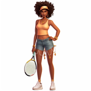 full body clipart dark skinned black woman tank top and blue jean shorts big curly shiny afro with head band gold earrings handson her hips tennis outfit with tennis racket