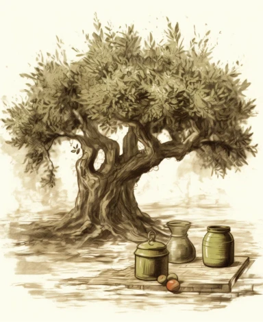 Ancient vintage artistic olive tree. In front of the tree on the ground are jars of olive oil. Vintage, Artistic, clipart, detailed