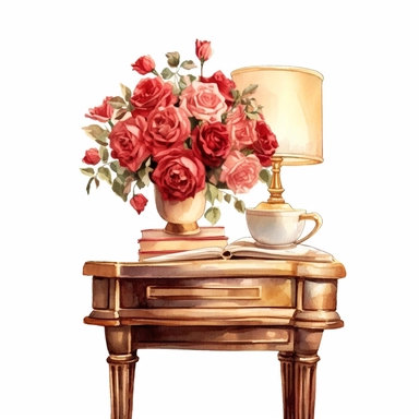 watercolor, white background, clipart, watercolor, white background, ultra-realistic and hyper-detailed clipart beautiful cozy bedside table with red roses, red and rich gold hues