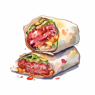 beef burrito, Watercolor style, Clipart,on white background with margins