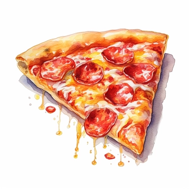 a captivating watercolor, hyper-realistic clipart image with a white background and white margins, portraying a mouthwatering slice of pepperoni pizza with melted cheese and a flavorful tomato sauce. The ultra-detailed, hand-drawn elements capture the stringy cheese and rich colors of the pizza toppings. Use bold shades of red, yellow, and brown to create a visually enticing image that showcases the cheesy and comforting nature of this fast food classic