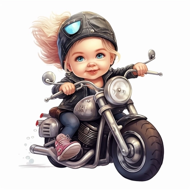 clipart of cute and cool baby girl on a harley davidson multicolor white background