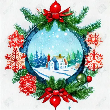 christmas, cute English country cottage, symmetrical, winter, snow, watercolor, clipart