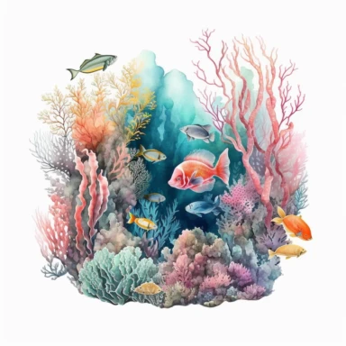 watercolor ocean coral reef with pastel coral and colorful sea life and tropical fish clipart white backround