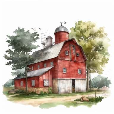 very detailed watercolor red barn with silo, country side, trees, ball of hey, svg graphics, in the style of realistic landscapes, j.c. leyendecker, monumental murals, colorized, white background, clipart, vintage cut and paste