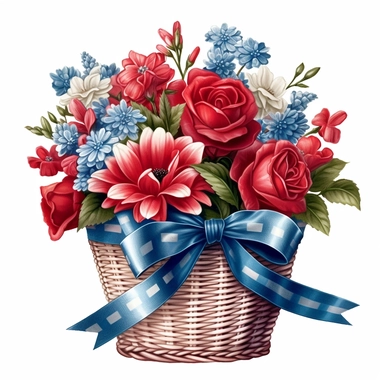 Red and blue and white flower basket clipart, red and blue ribbons, high detailed, realistic detail, illustration style, high solution, isolated on the white background