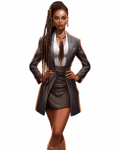 Extremely realistic digital illustration clipart, vector art of ultra beautiful African American woman entrepreneur with beautiful goddess braids, dressed in leather business knee length dress suit in the year 2023, standing in the center of an office on a white background