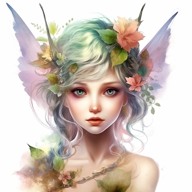 Enigmatic Fairy with an enigmatic aura, highly detailed face, and a mysterious expression, Use dreamlike lighting with soft sunlight falling on the subject’s face and deep colorful hair, to create an ultra-realistic image that captures the subject’s natural beauty and personality, clipart on white background