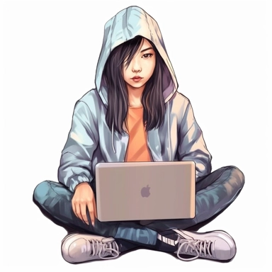 asian girl working on a laptop, cool hacker clothes, watercolor style, clipart solid white background