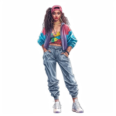 black, African American girl wearing colorful 1990’s style urban streetwear clipart, watercolor style, hyper realistic, detailed, white background