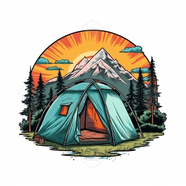 tent camping scene, cartoon colours, vector, clipart, white background for a tee shirt, no captions