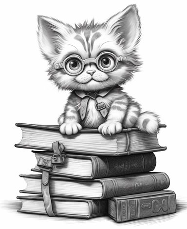cartoon kitten with glasses sitting on books clipart illustration coloring pages, in the style of highly detailed realism, alson skinner clark, cluj school, david yarrow, jeremiah ketner, science-based, precisionist lines