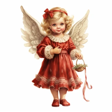 A little girl in a red dress holding a basket of holly.