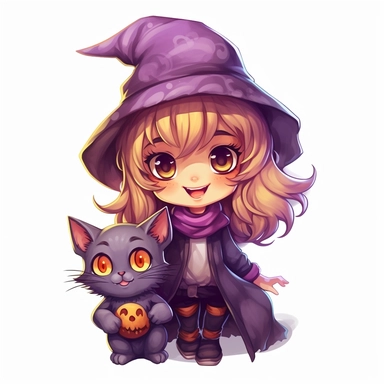 Little cute cartoon witch with a cat as clipart on a white background