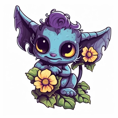 whimsical, cute, cartoon, clipart, gargoyle, flowers, sticker, in the style of Tim Burton
