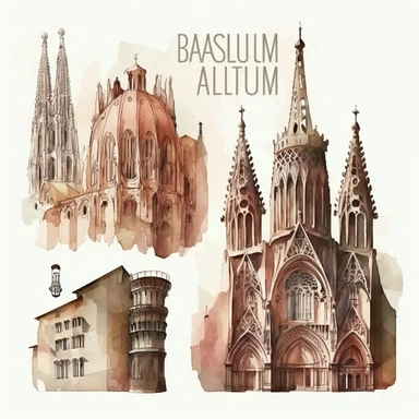 set of cliparts of Barcelona, most famous building, water color, faded, beautiful architecture