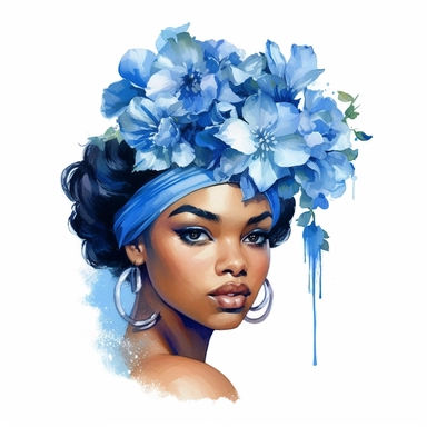 black girl wearing blue and white headband with blue and white flowers in the style of Rolf Armstrong, hand-drawn clip art, white background