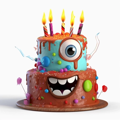 clipart of a messy two layer birthday cake, there is a funny face in the cake, candles, cartoon, for kids, funny, pixar, 8k, white background, sharp focus, detailed,