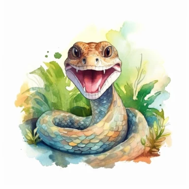 Watercolor of happy Boa Madagascar in rainforest clipart, for childish cards, illustration style, on white background, detailed, hd