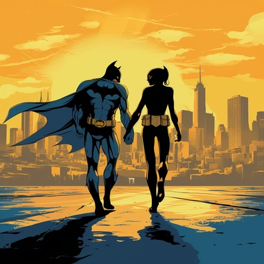 cartoon drawing, clipart, gold and blue color, of a couple dressed as Catwoman and Batman, holding hands and walking towards the horizon with the city skyline in the background? They could be shown in a mid-action pose, ready to take on any challenge that comes their way. The colors could be bold and vibrant, with a comic book feel to it. It would be a fun and playful representation of the love and adventure that the couple shares.