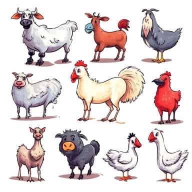 FARM ANIMALS, set of clipart, cartoon style, isolated white background