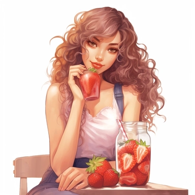 realistic a cute girl long curly hair full body sitting in the tea shop and drinking strawberry lemondage illustration clipart white background