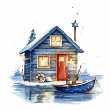 watercolor clipart of a cute ice fishing hut, sparkles, cosy winter wonderland vibes, isolated on white background