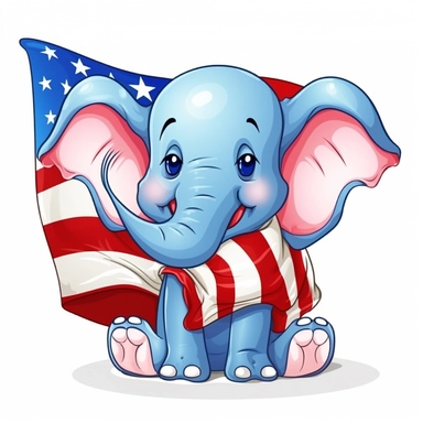 red white and blue cute happy elephant in a flag clipart isolated on a white background