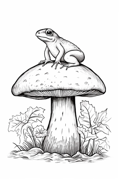 mushroom with a black cap and a short stem, with a frog perched on top , clipart style of coloring book for children, super simple, thick, clear, lines, black and white, white background