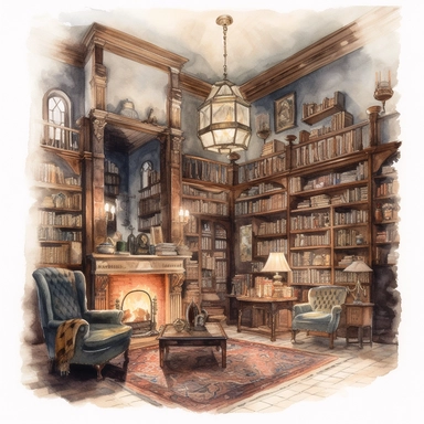 watercolor, hyper realistic, white background, white margins, 16k, ultra detailed clipart, cut out image, hand-drawn, whimsical A secluded library in a castle with a roaring fireplace, a comfortable leather chair, and antique books illuminated by candlelight.