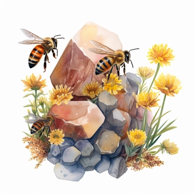 watercolor art of honey bees on flowers with rocks and dandelions, in the style of realistic and hyper-detailed renderings, sketchfab, ahmed morsi, realistic watercolor paintings, use of common materials, handcrafted designs clipart, very detailed, Cartoon,hyper realistic, intricate detail, illustration style,high solution,on the white background
